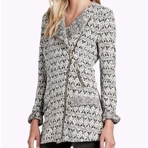 Lucky Brand Womens Black White Geometric Knit‎ Moto Jacket Asymmetrical Zip M